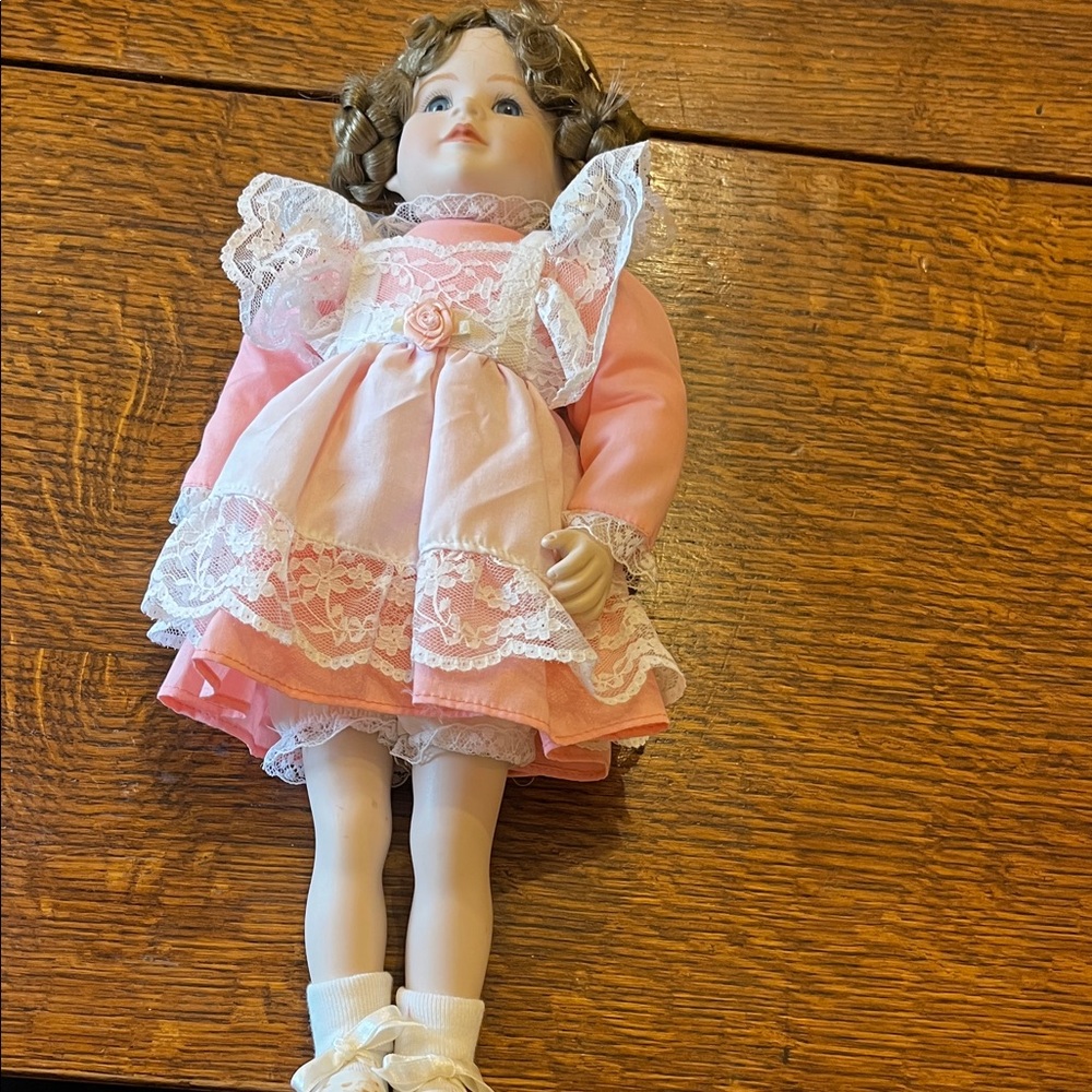 Elegant Pink Porcelain Doll “Lue Oh Lea”with Lace Dress